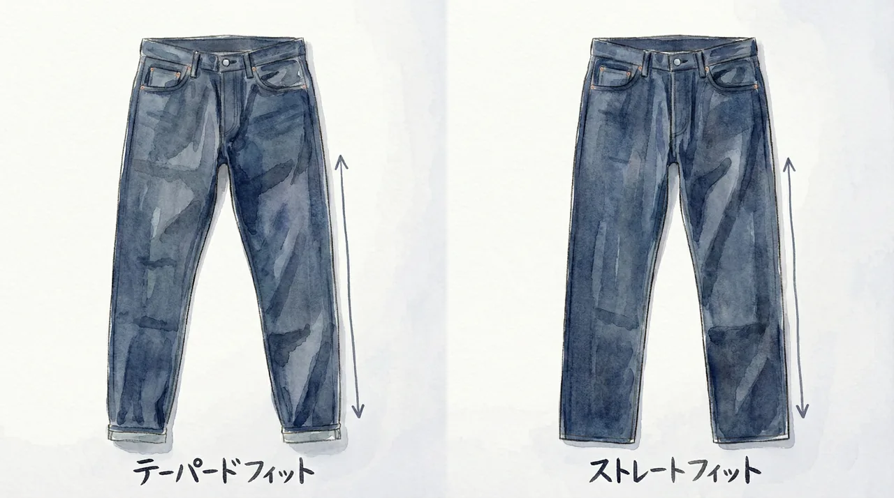 テーパードとストレートのジーンズのシルエット比較写真。左が裾に向かって細くなるテーパード、右がまっすぐなストレート。