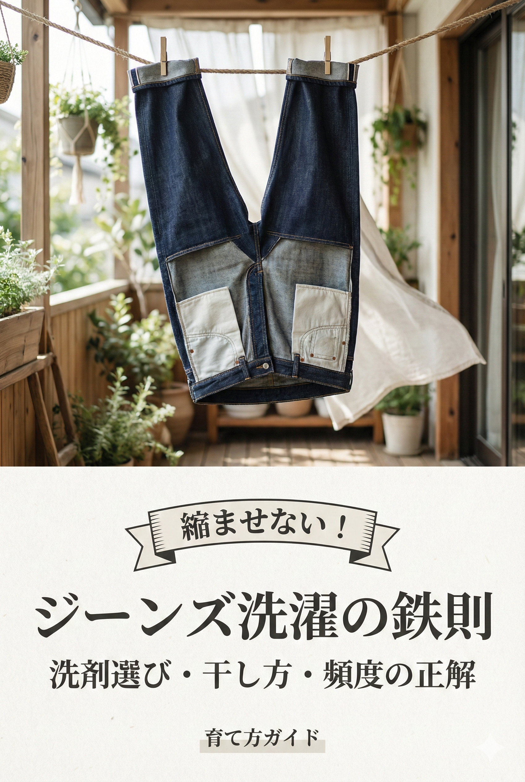 清潔に洗い上がったジーンズと専用洗剤のイメージ