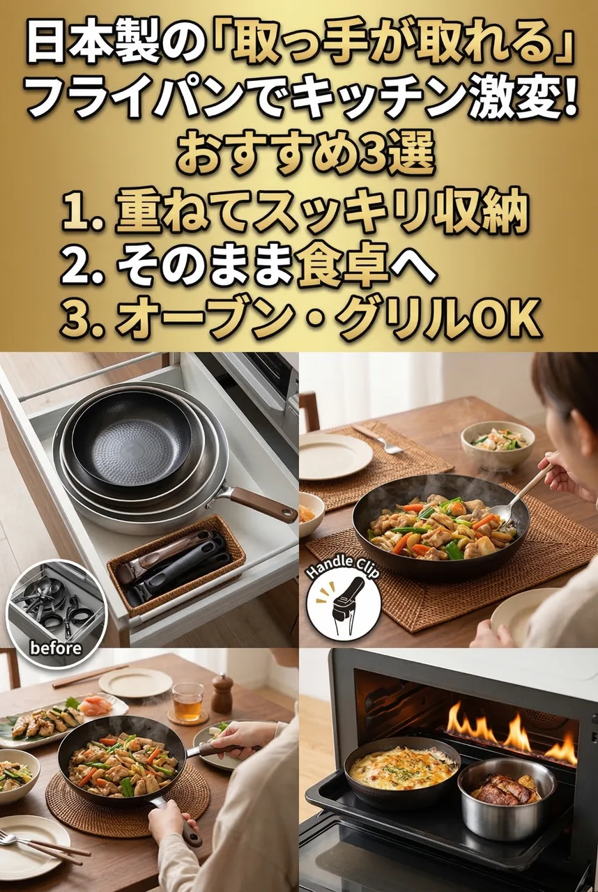 取っ手が取れる日本製フライパンのおすすめ（Pinterest用）