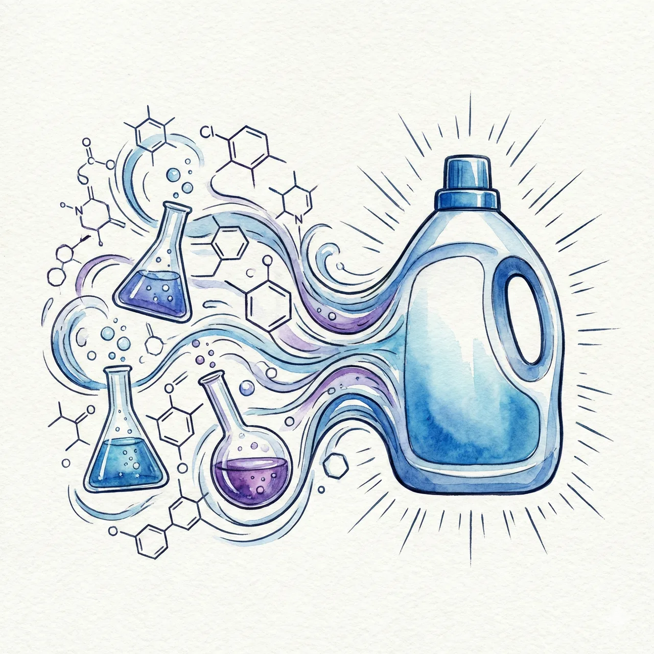 試験管やフラスコ（化学合成のイメージ）と、一般的な合成洗剤のボトルを描いたイラスト