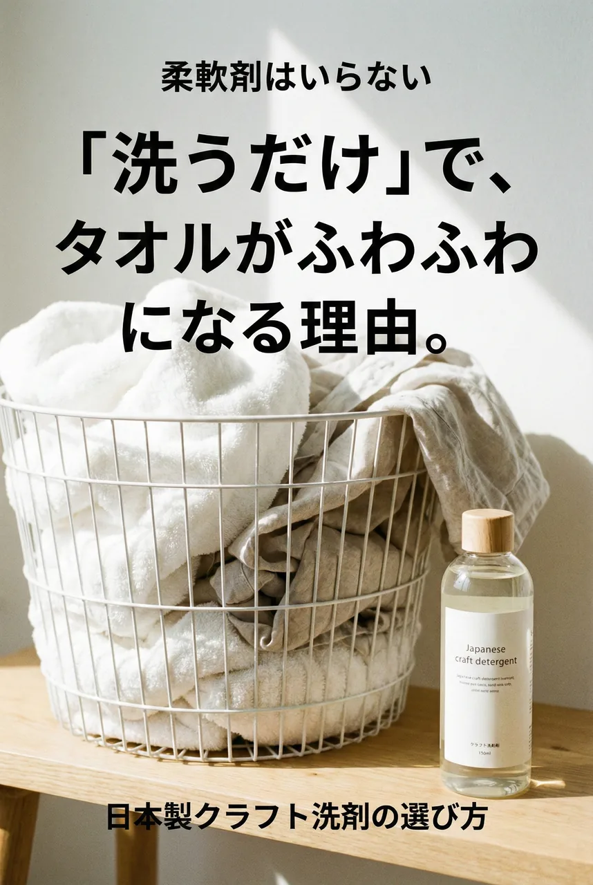 明るいランドリールームに並べられたおしゃれな日本製の洗剤ボトルと、洗い立ての白いタオル