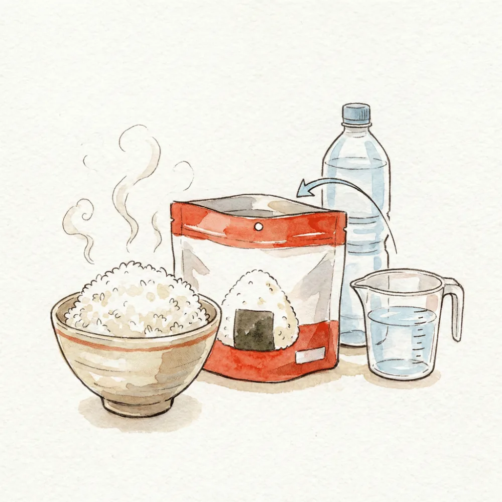 尾西食品のアルファ米パッケージと、水を入れて出来上がったご飯のイラスト