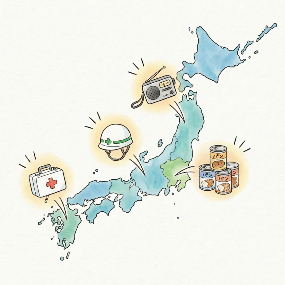 日本の地図と、厳しい品質管理を経て出荷される防災グッズのイメージイラスト