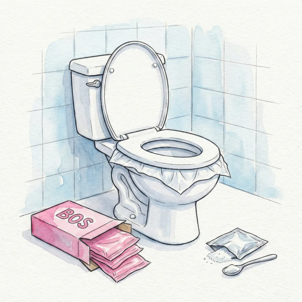 洋式トイレに簡易トイレ袋をセットしている様子と、BOS防臭袋のイラスト