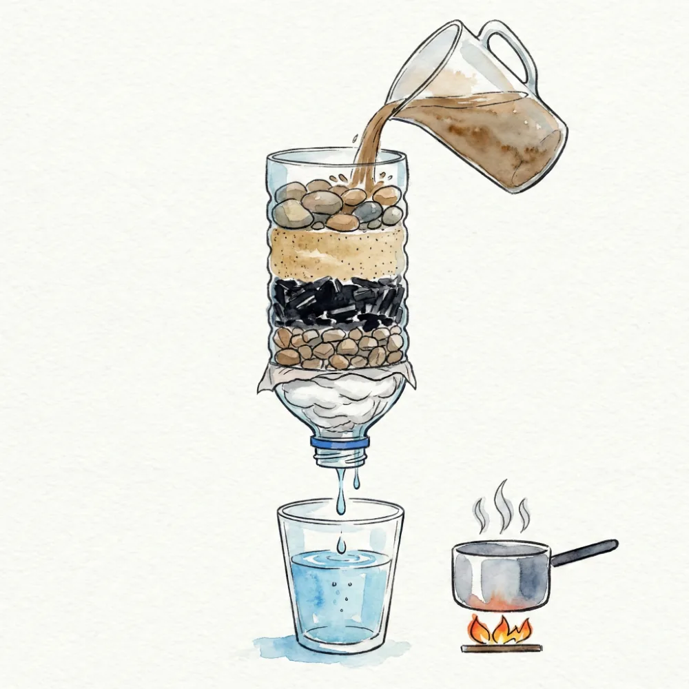 泥水が入ったペットボトルにmizu-Q PLUSを取り付け、透明な水をコップに注いでいるイラスト