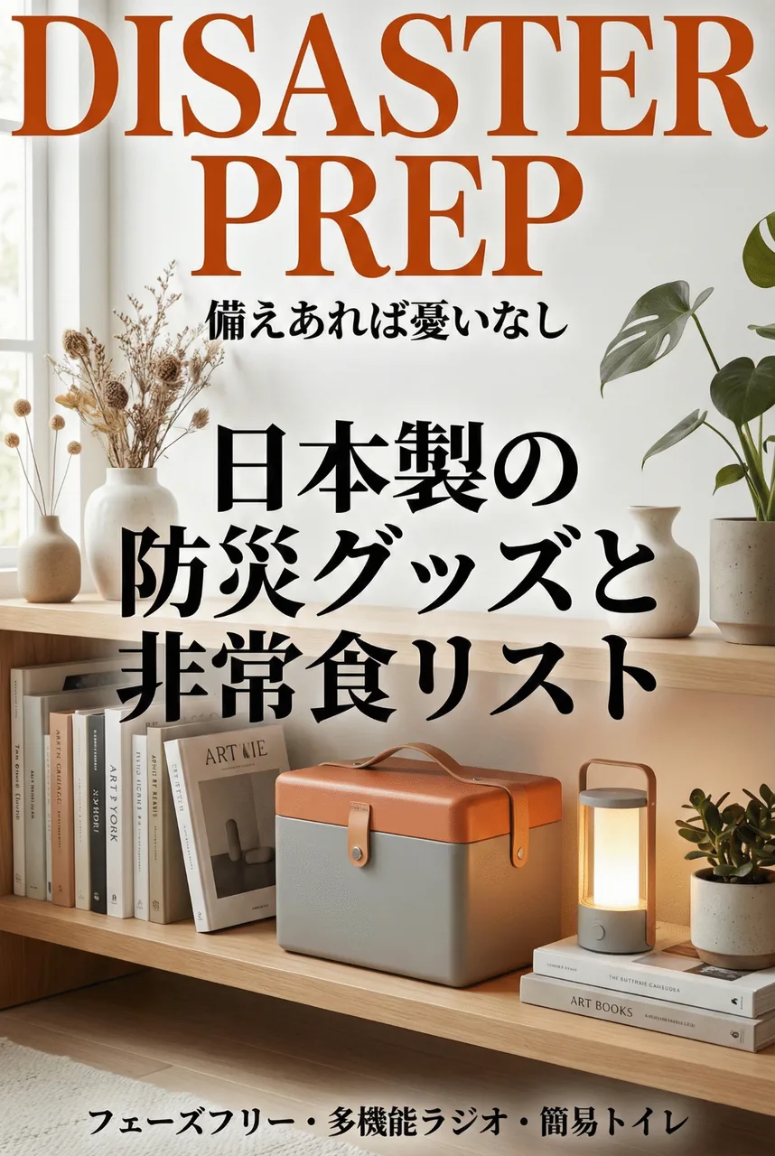 リビングの隅に置かれたスマートな防災リュックと、棚に並んだ備蓄食料。安心感のある暮らしの風景