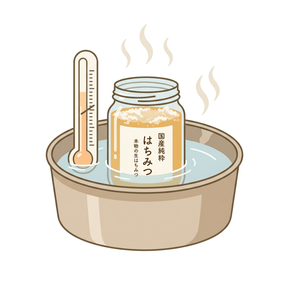 結晶化したはちみつを45度以下のぬるま湯で湯煎する様子