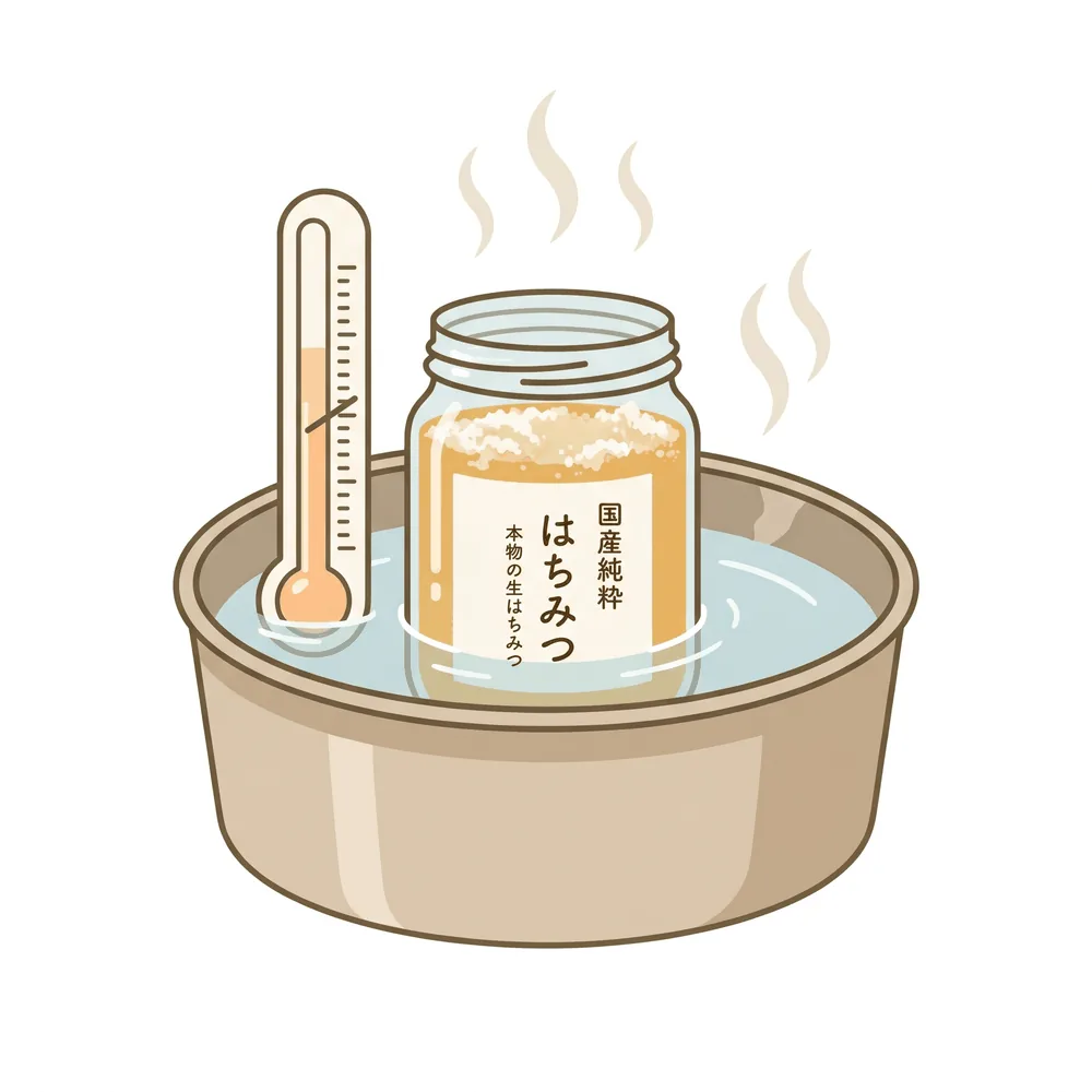 結晶化したはちみつを45度以下のぬるま湯で湯煎する様子