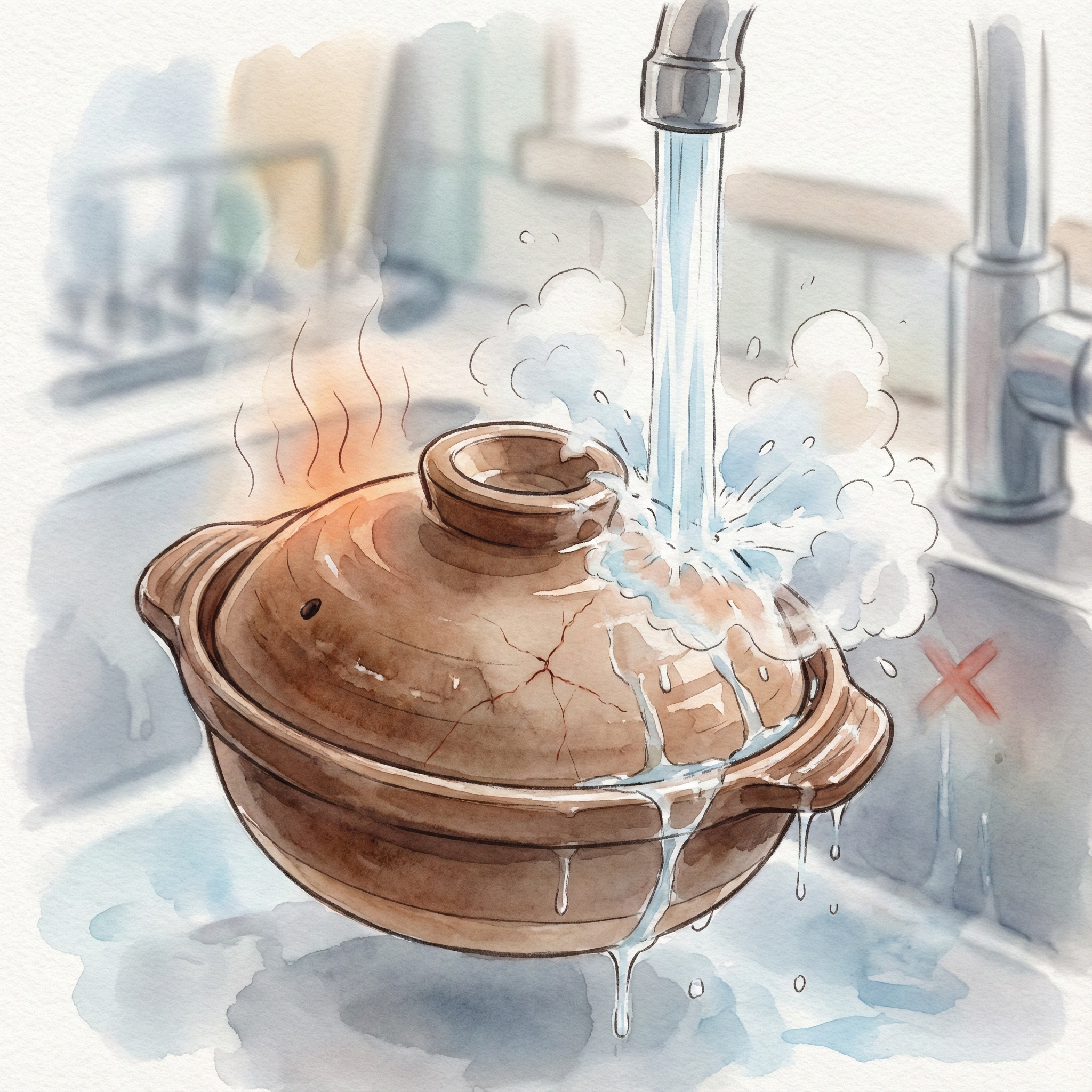 熱い土鍋を水につけて急冷しているNGイラスト