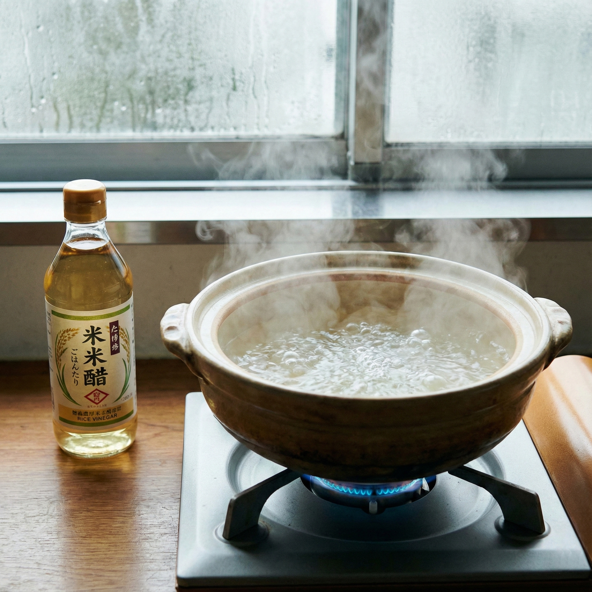 コンロの上で土鍋にお湯とお酢を入れて煮沸させている様子、湯気が立っている写真