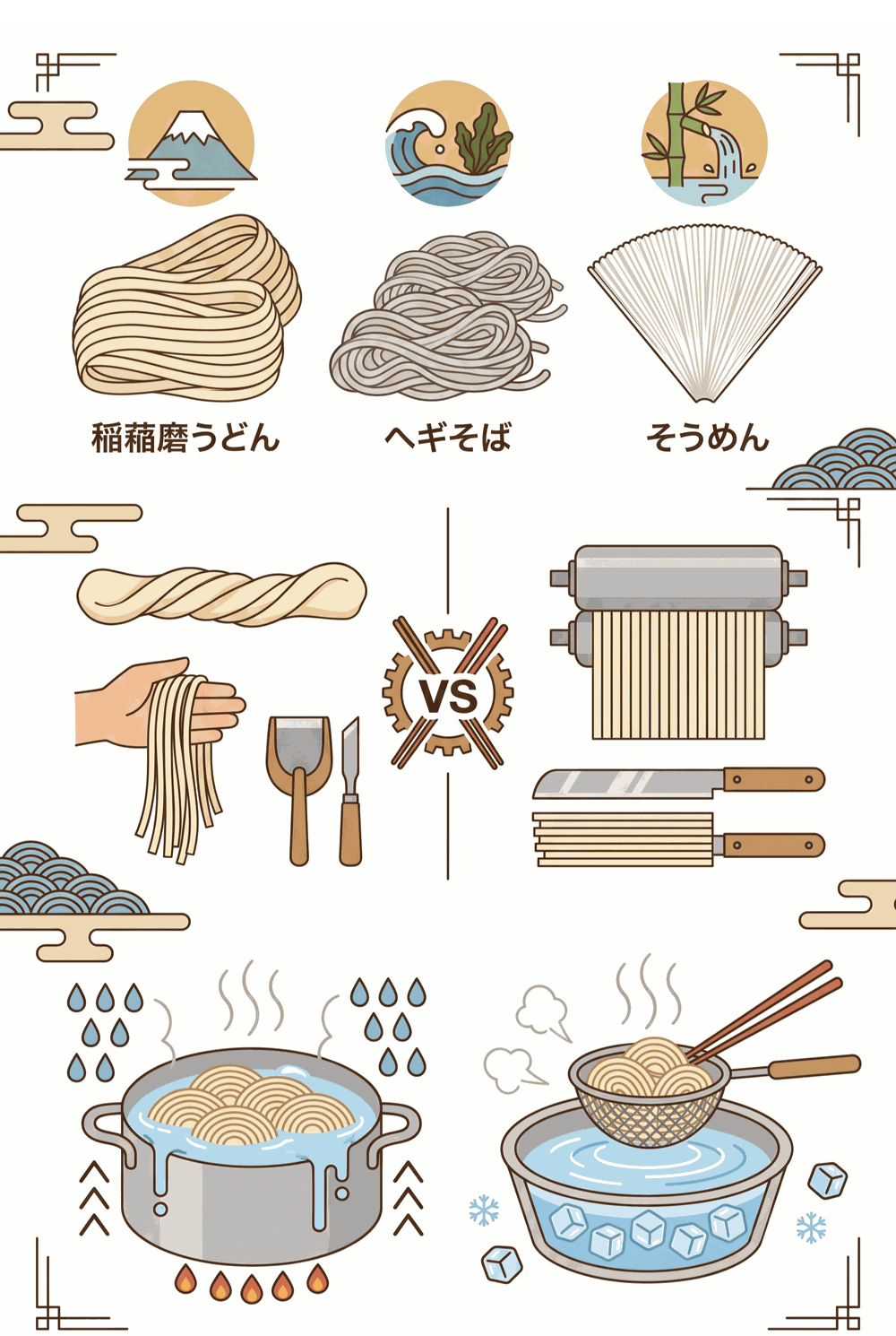 高級乾麺の選び方・産地の名品・茹で方まとめインフォグラフィック