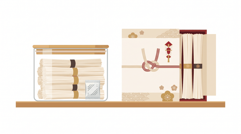 乾麺を湿気を避けて保存する様子と、のし付きの化粧箱ギフトを描いたイラスト