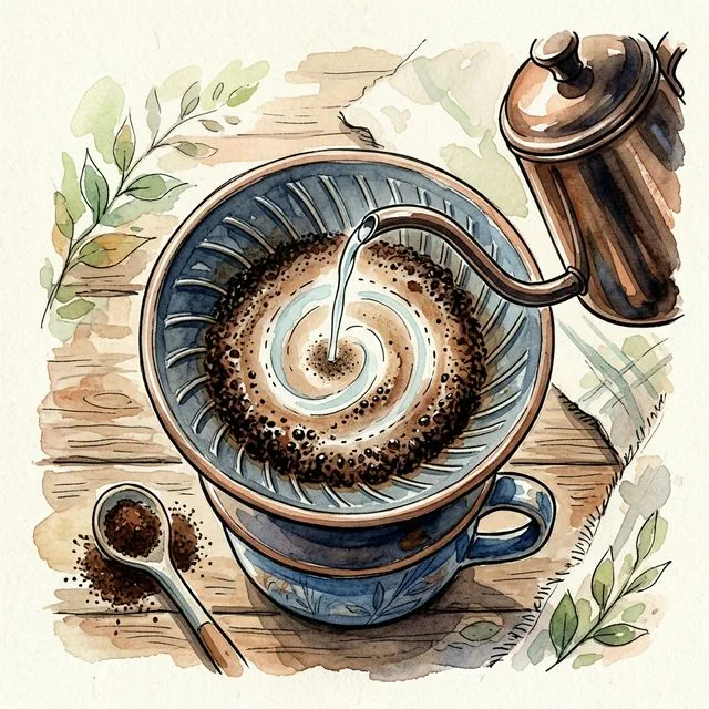 中心からのの字を描くようにコーヒーにお湯を注ぐ軌道の水彩画