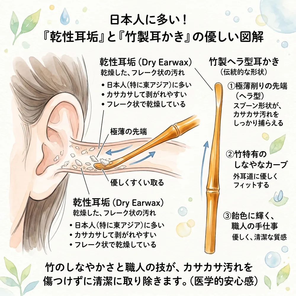 カサカサタイプの乾性耳垢と、それに適した竹製のヘラ型耳かきの図解イラスト