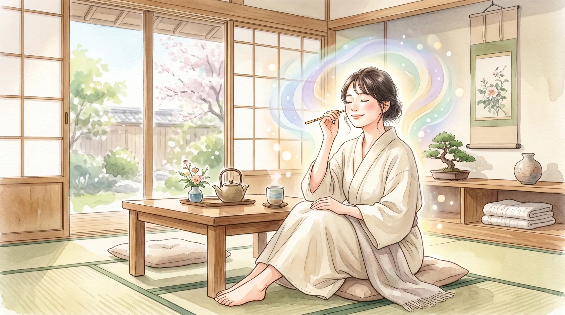 上質な耳かきを使って目を閉じてリラックスしている女性の水彩画風イラスト