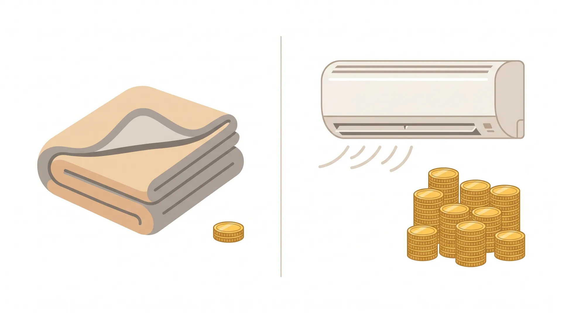 電気毛布（1ヶ月100〜150円）とエアコン（数千円以上）の電気代を比較し、省エネ効果を示したイラスト