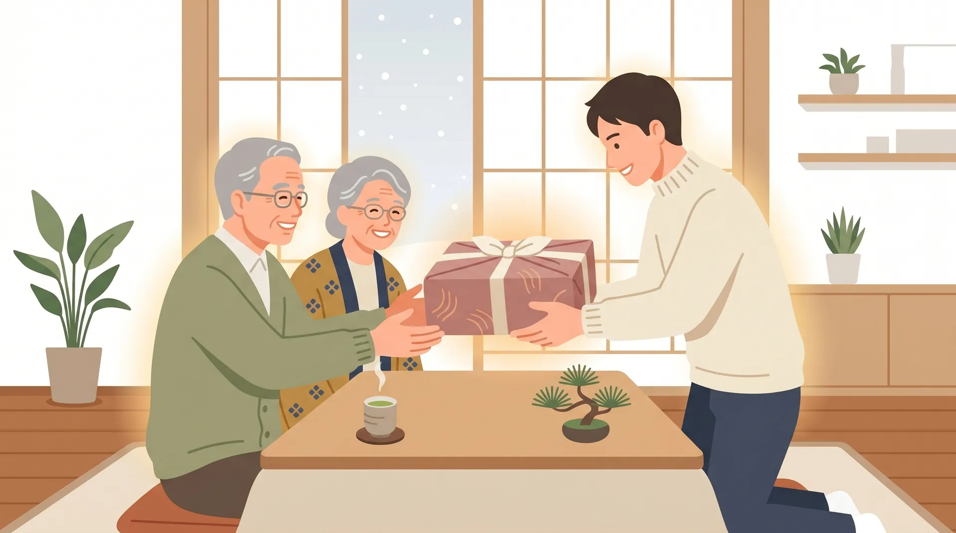 離れて暮らす両親へ、安全な日本製の電気毛布を贈る暖かいギフトのイメージイラスト