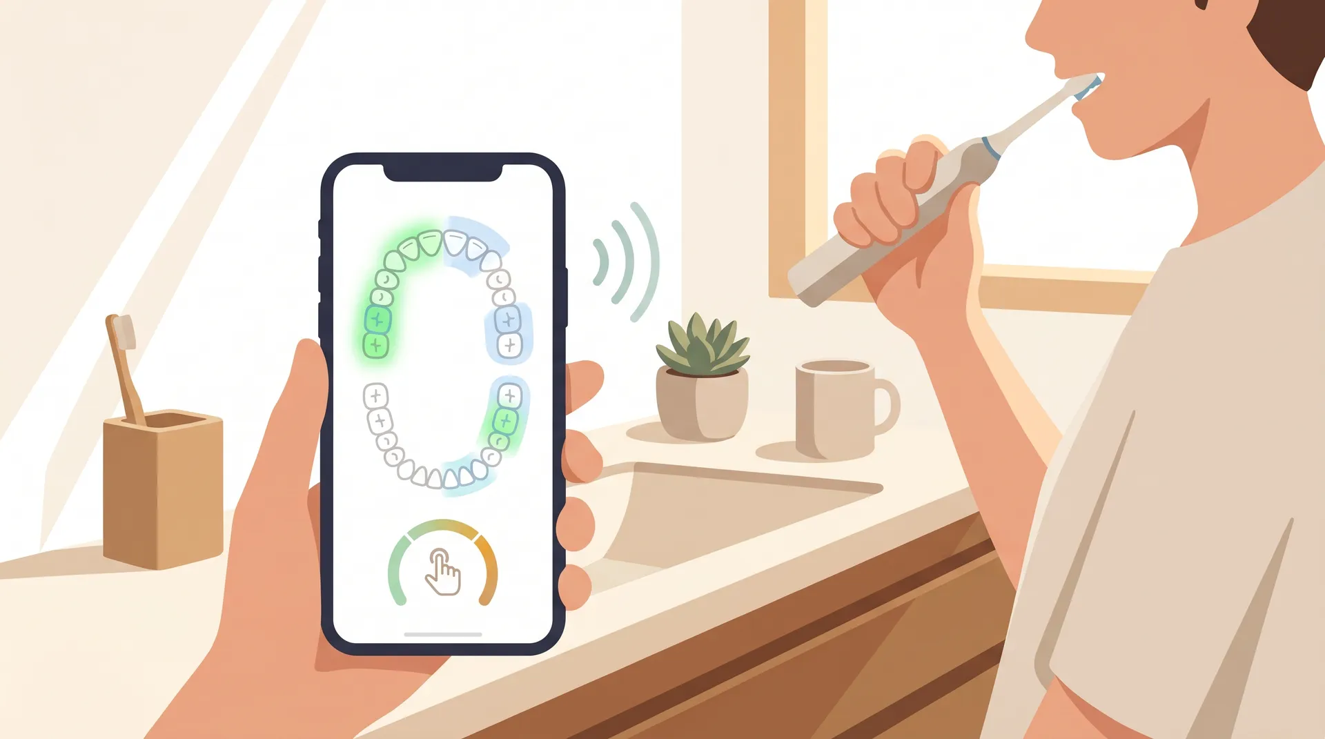 スマホアプリと連携し、磨き残しの箇所や押しつけ圧をリアルタイムで表示する電動歯ブラシのイラスト