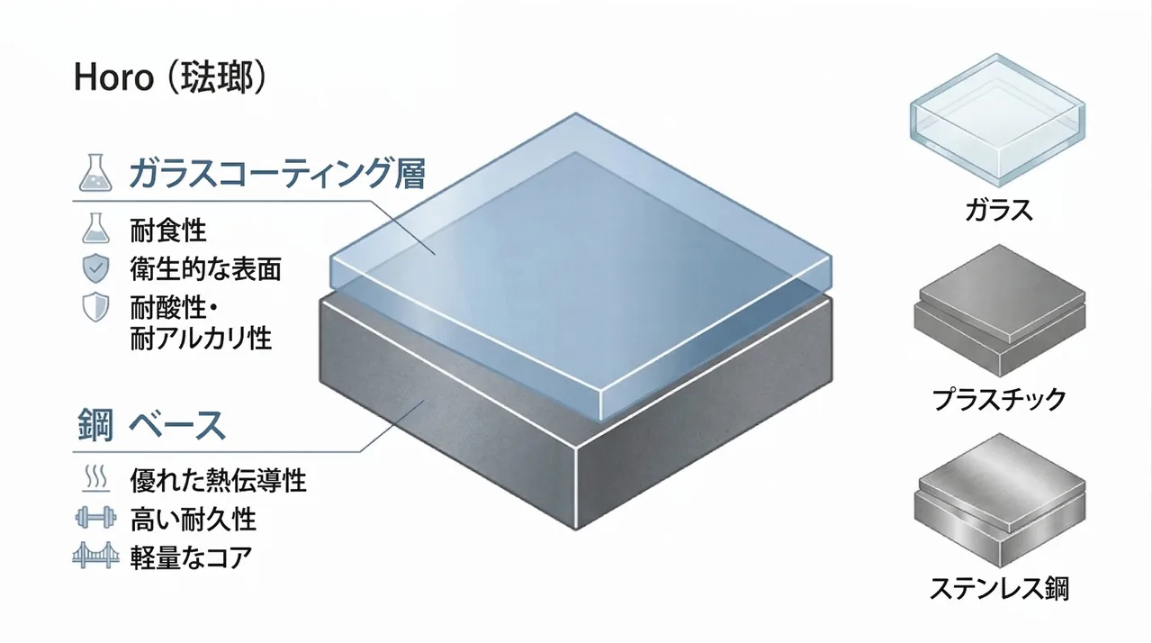 ホーロー容器の素材構造：金属ベースにガラス質コーティングの仕組みを示す図解