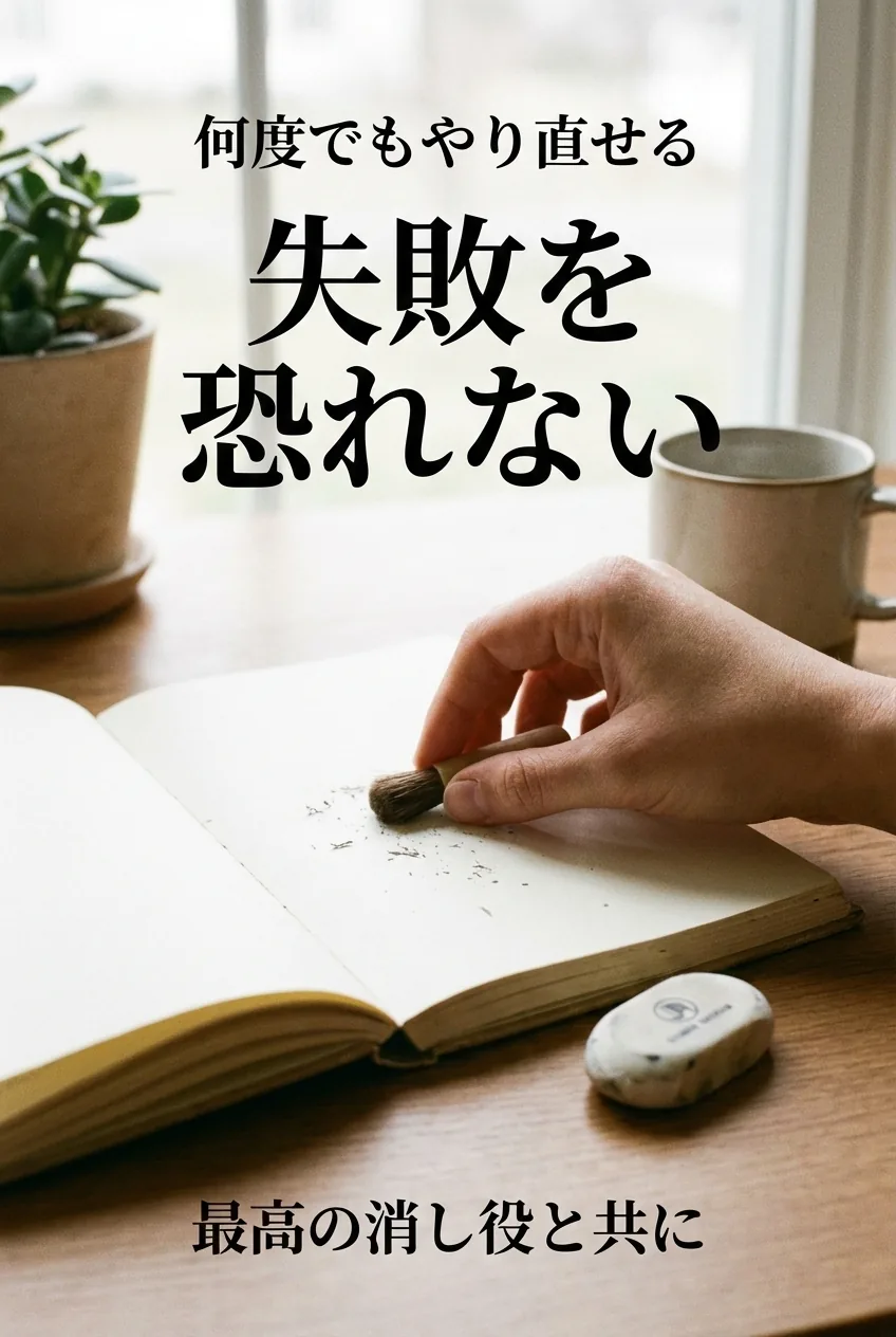 使い込まれたノートの脇に、角が丸くなった愛用の消しゴムが置かれている温かい雰囲気の写真