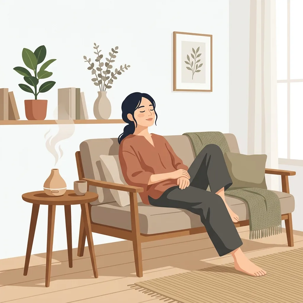 優しい香りに包まれた部屋で、ソファに座り目を閉じて深くリラックスしている人物のイラスト