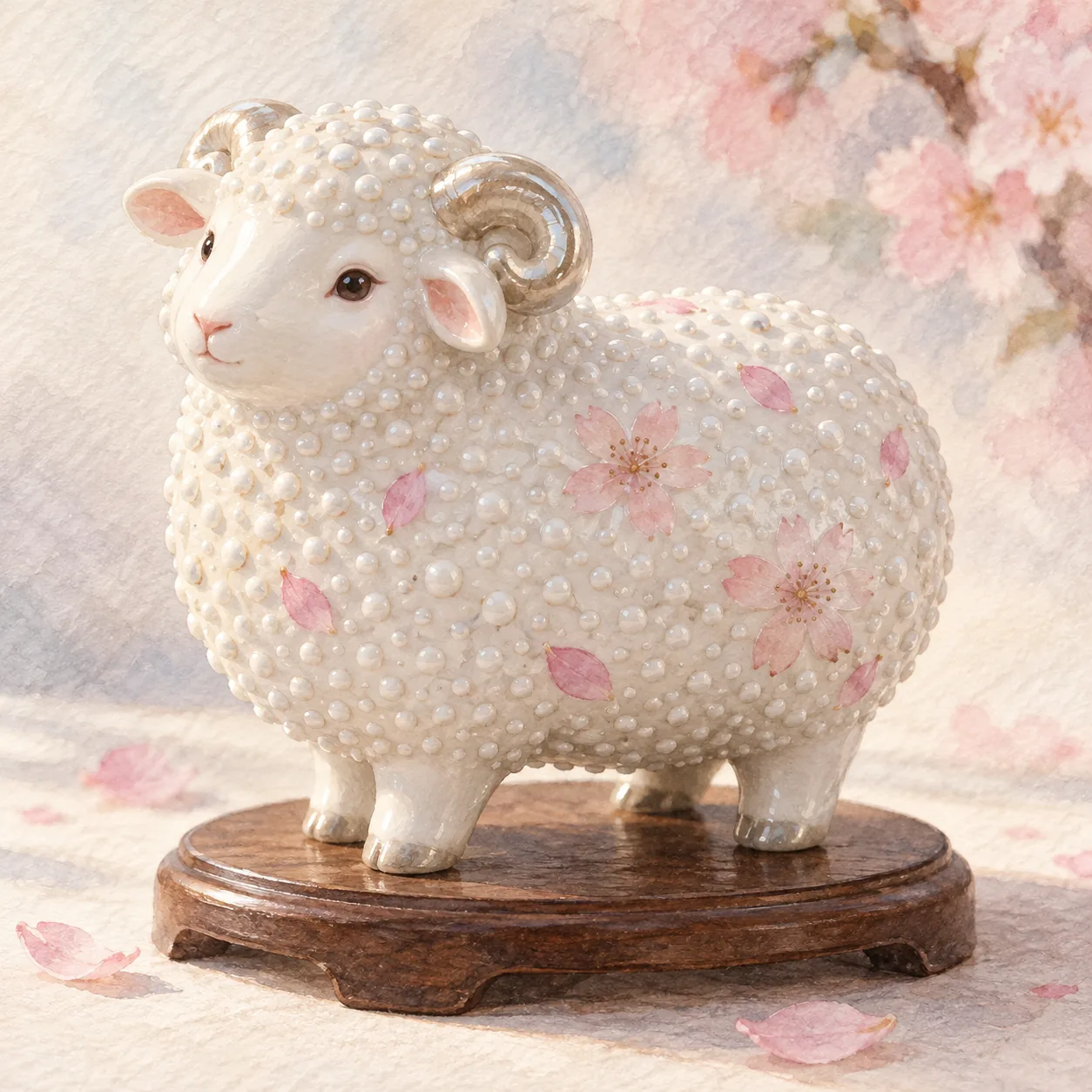 白い磁器の羊の置物の表面に、小さな白い粒が細かく盛り上がって並び、桜の花びらが散らされている様子を描いた水彩イラスト