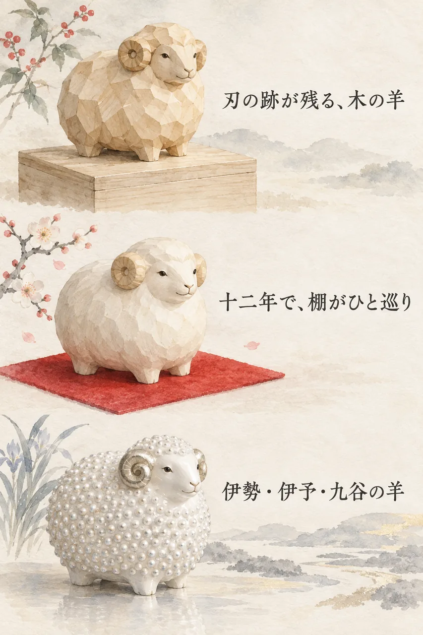 角ばった木彫りの羊、丸い木彫りの羊、白い粒の磁器の羊を縦に並べた、干支の置物のまとめイラスト