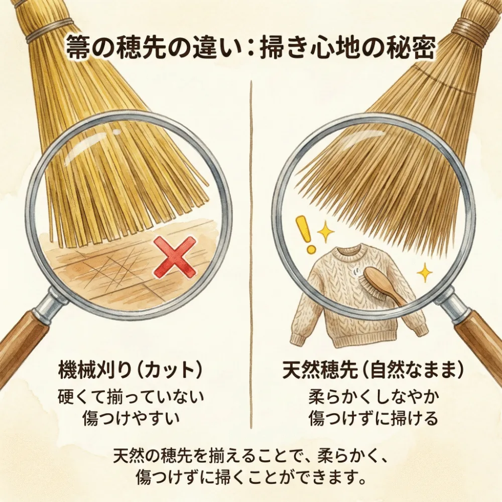 切り落とした硬い穂先と、自然のままの柔らかい中津箒の穂先の違いを説明するイラスト