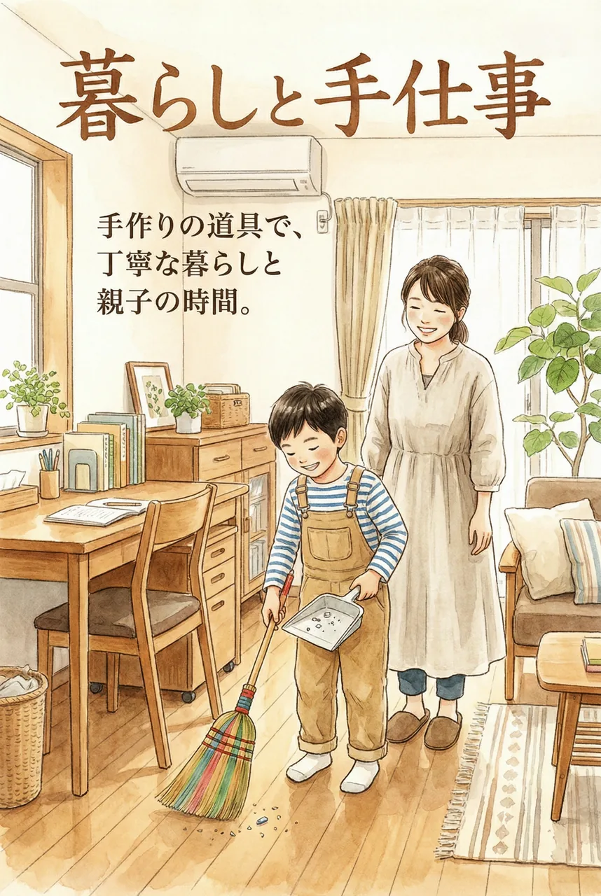 自分で作ったミニ箒で、楽しそうに机の上の消しゴムのカスを集める子供の様子