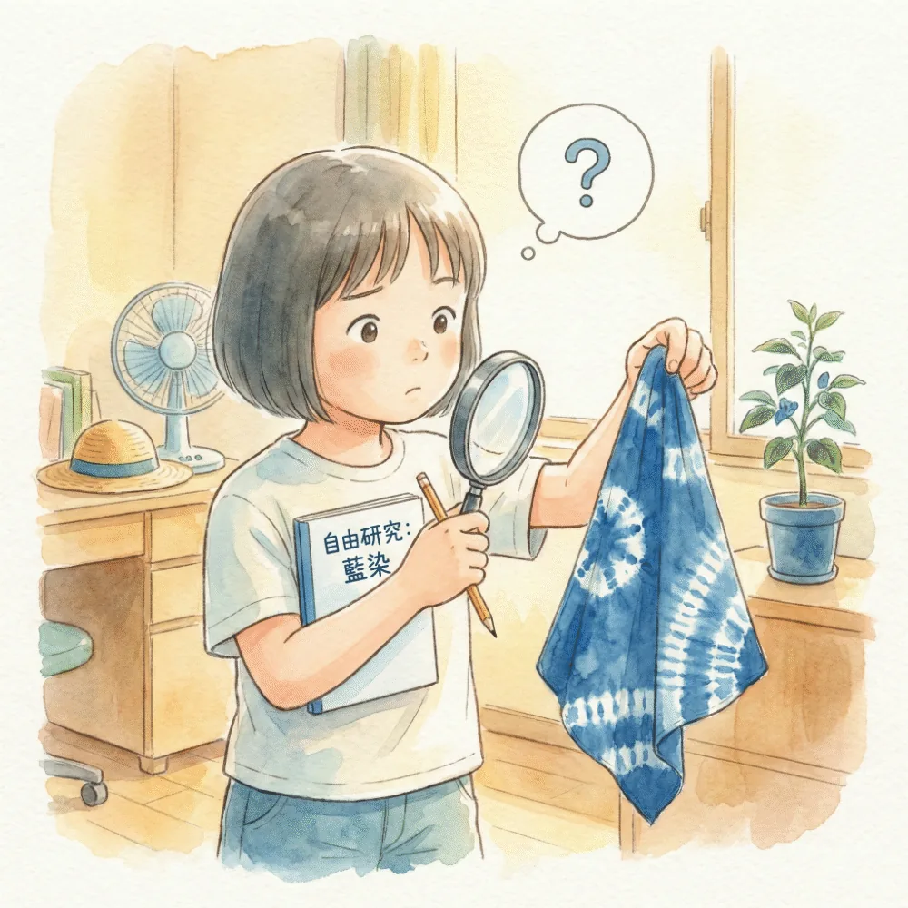 虫眼鏡を持ってノートに何かを書き留めながら考えている子供のイラスト