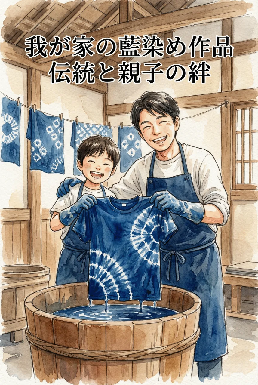 親子で藍染めのTシャツを広げて笑顔で見せ合う様子