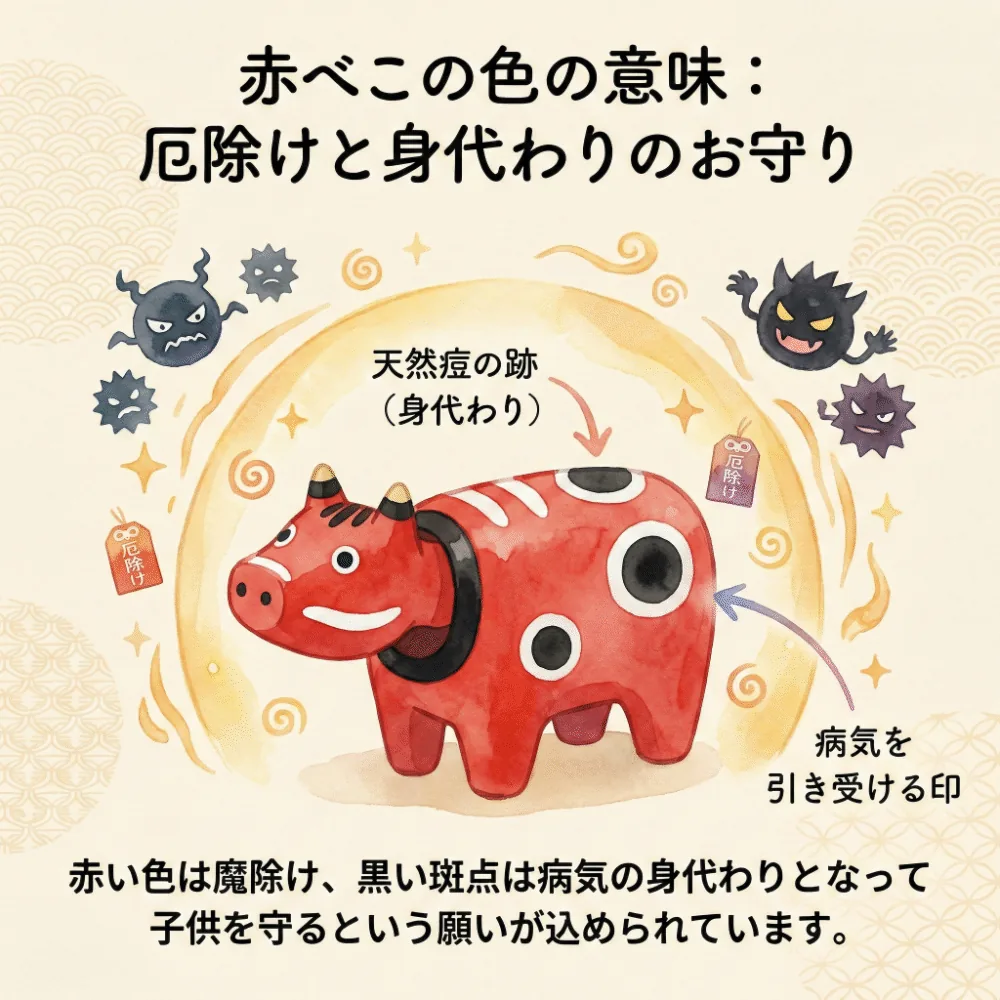 赤べこの赤い色と背中の斑点の意味を説明するイラスト