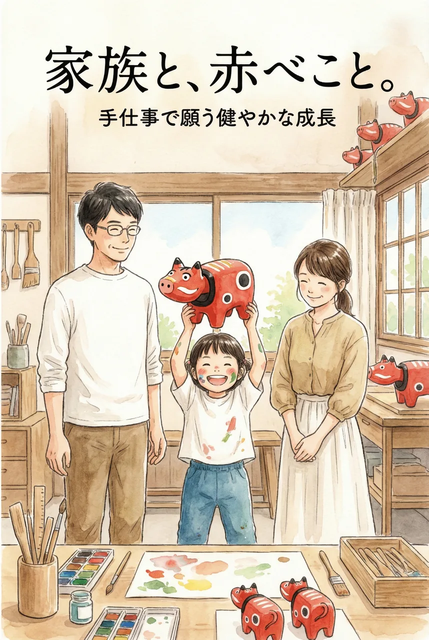 完成したちょっと変な顔の赤べこを嬉しそうに持つ子供と見守る親の様子