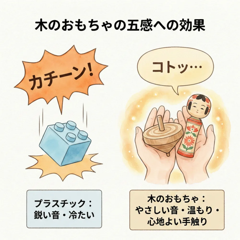 プラスチックと木のおもちゃの手触りや音の違いを説明するイラスト