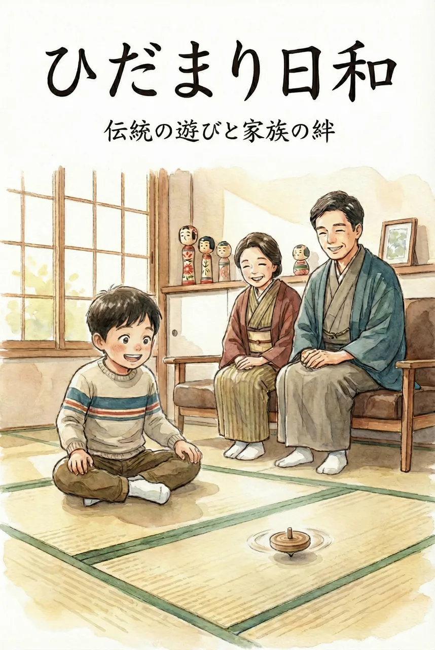 自分で色付けした独楽を嬉しそうに回して遊ぶ子供と見守る親の様子