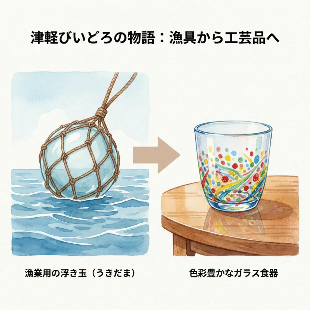 漁業用のガラスの浮き玉と、それが津軽びいどろのグラスへと変わる歴史を表現したイラスト