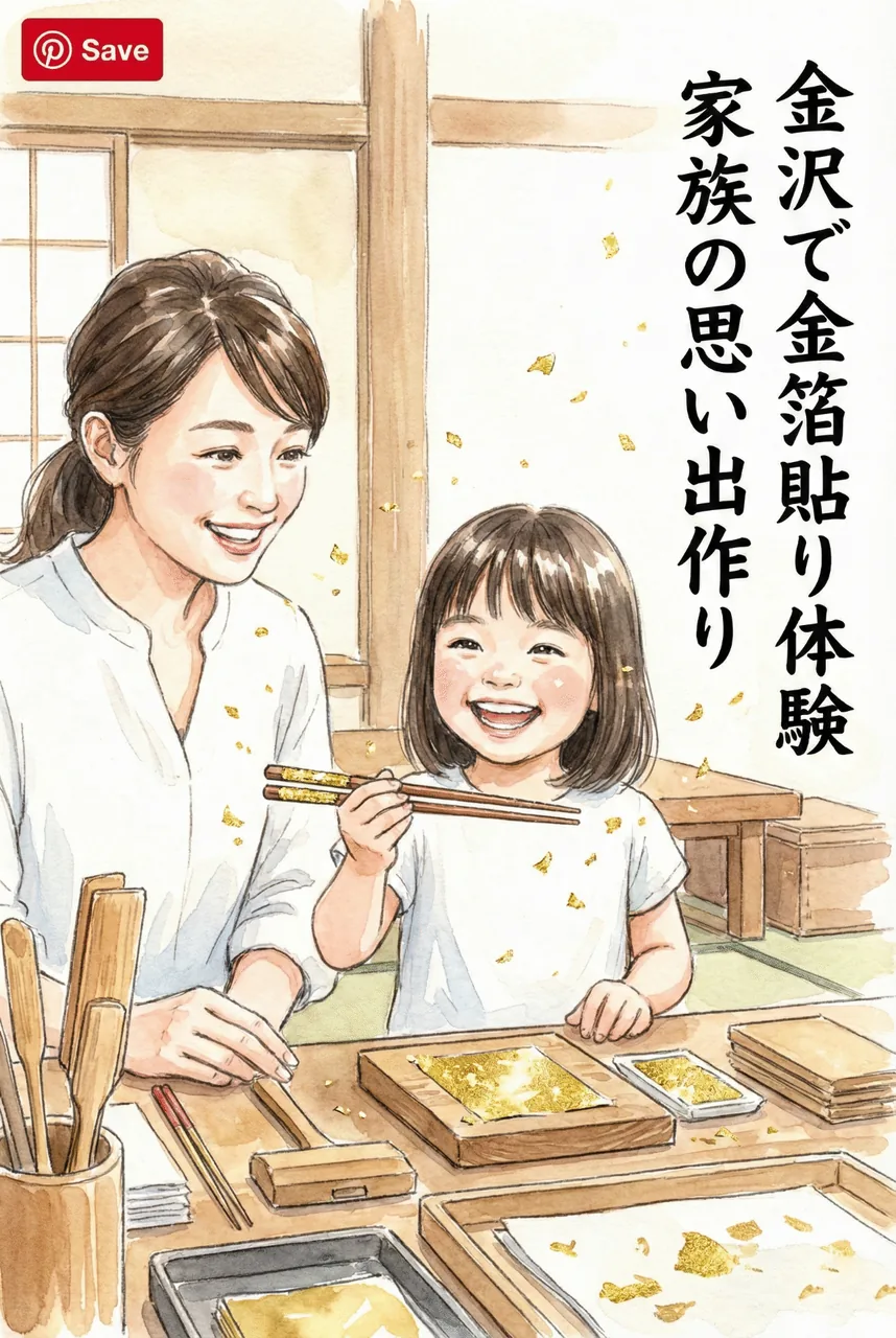 完成したピカピカの金箔のお箸を持って笑顔の女の子と家族