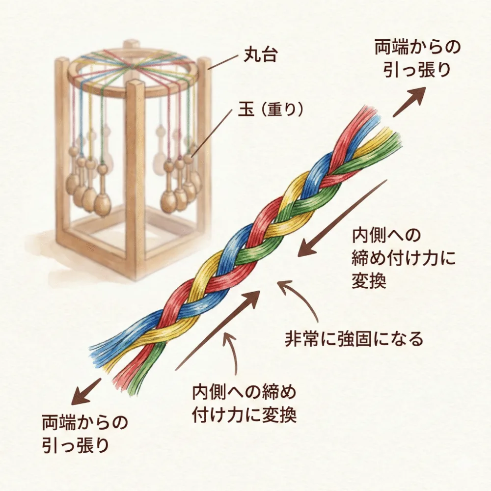 組紐の斜めの交差構造が、引っ張る力を分散させて頑丈にする物理的な仕組みと、丸台の重りの役割を解説するイラスト
