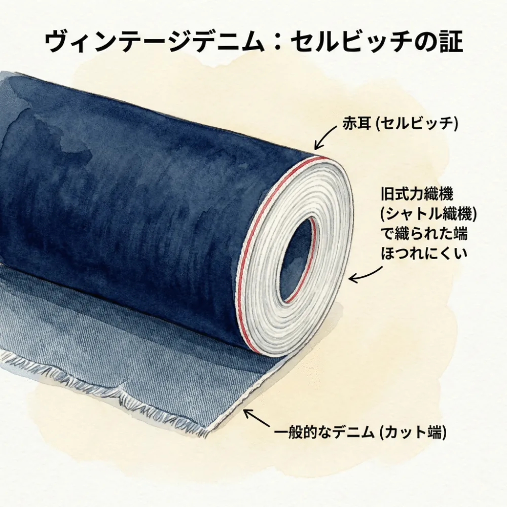 デニム生地の端にある赤いライン（セルビッチ・赤耳）を説明するイラスト