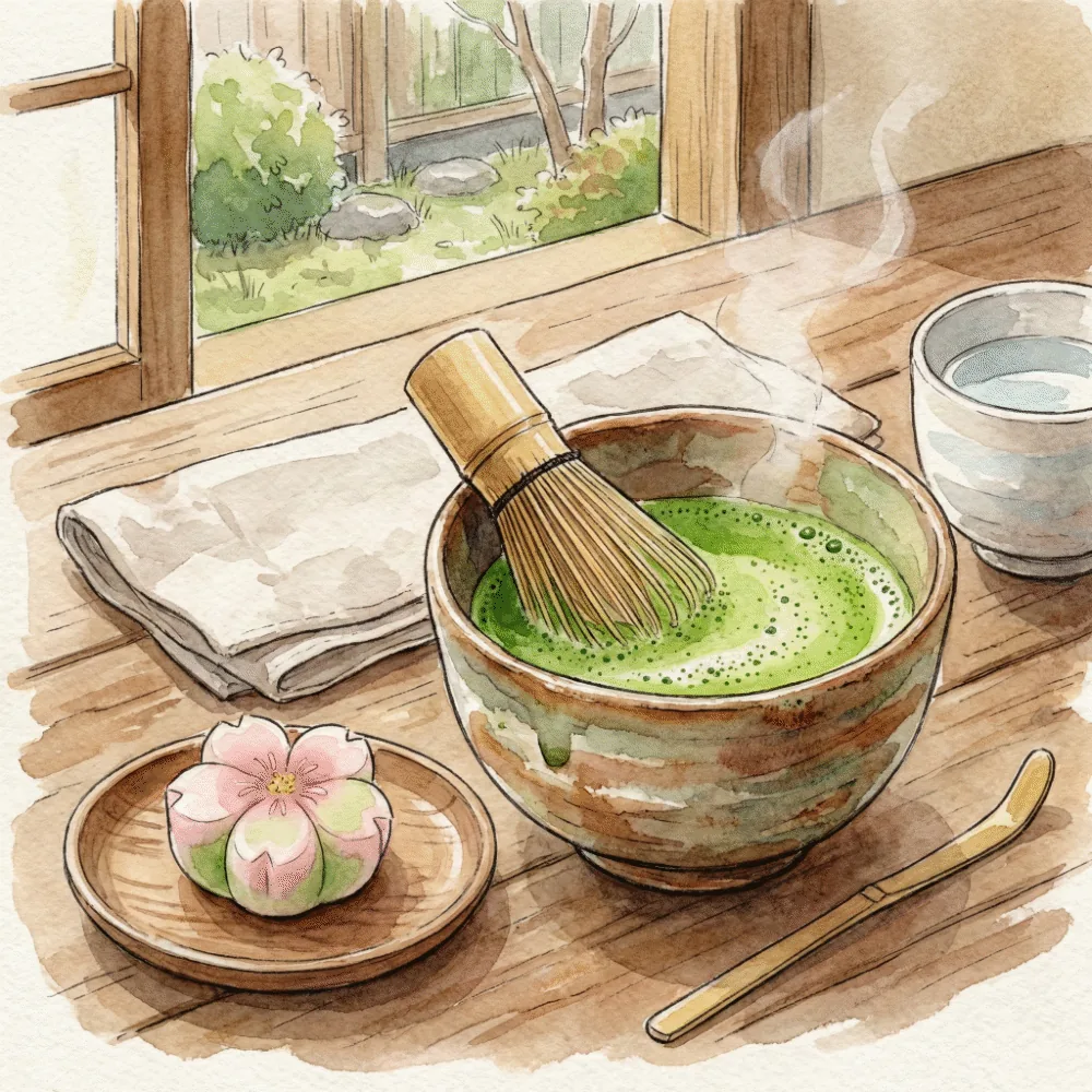 お茶碗に入ったお抹茶を茶筅（ちゃせん）でシャカシャカと点てているイラスト