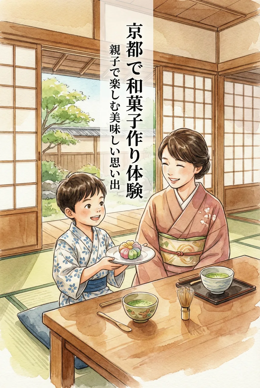 完成した桜の和菓子と抹茶を前に、嬉しそうに微笑む親子