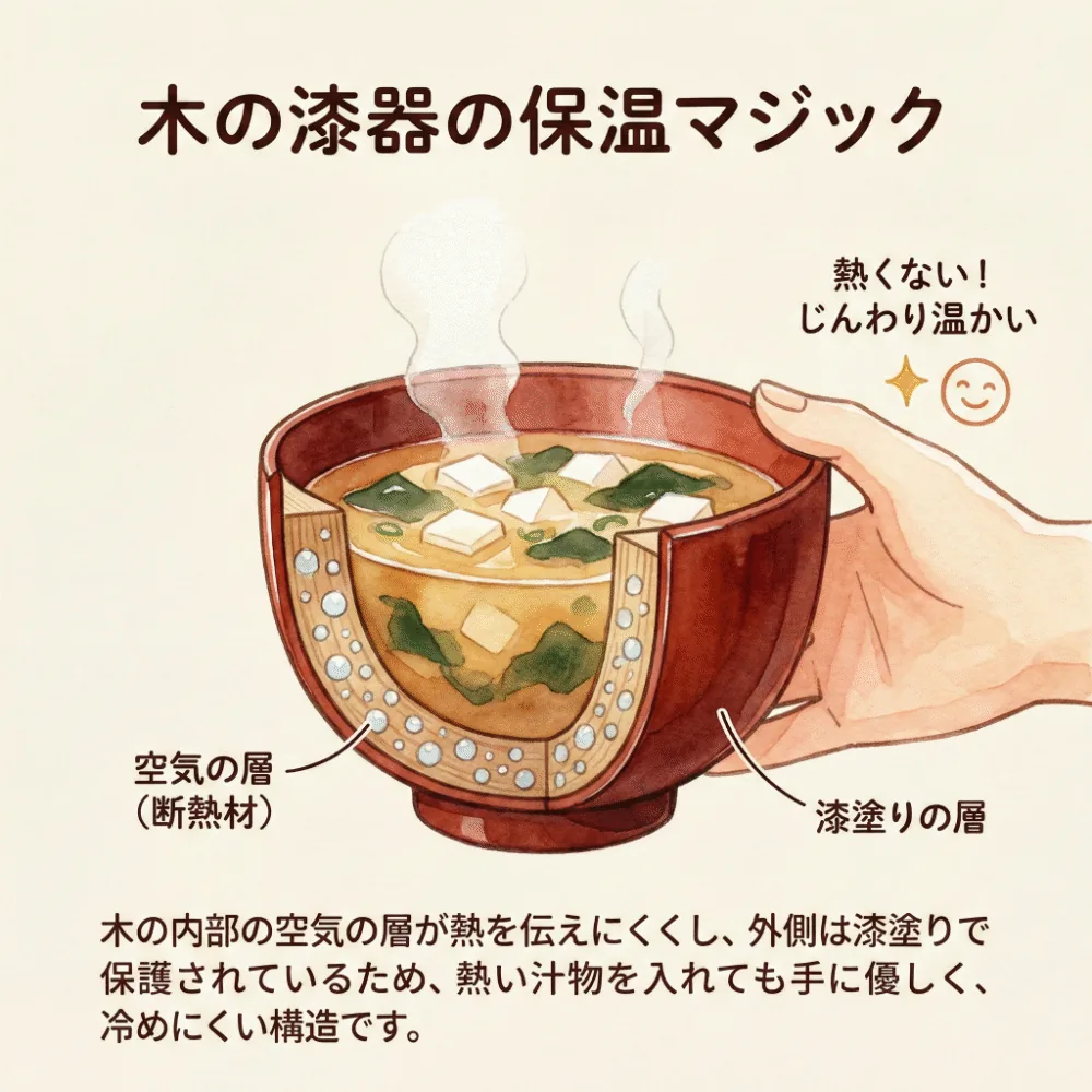 木と漆の断熱性で手や唇が熱くならない漆器の仕組みを説明するイラスト