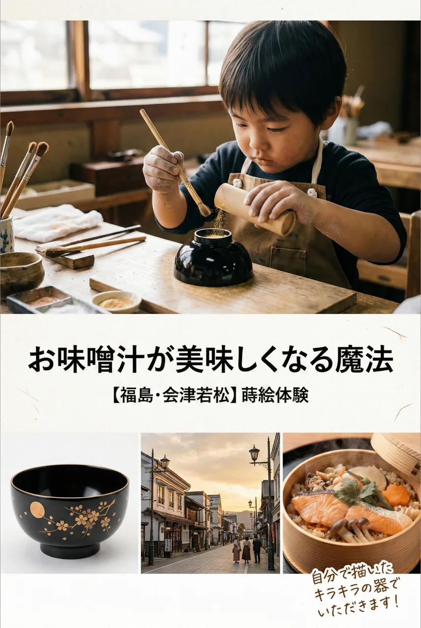自分で蒔絵を描いたマイお椀でお味噌汁を美味しそうに飲む子供の様子
