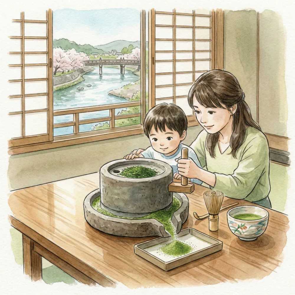 福寿園 宇治茶工房での本格的な石臼抹茶体験の風景