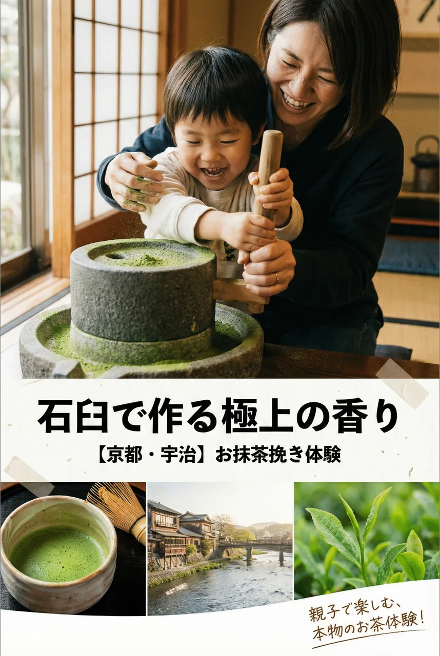 親子で重い石臼の取っ手を一緒に握り、笑顔でお抹茶を挽いている温かい実写風景