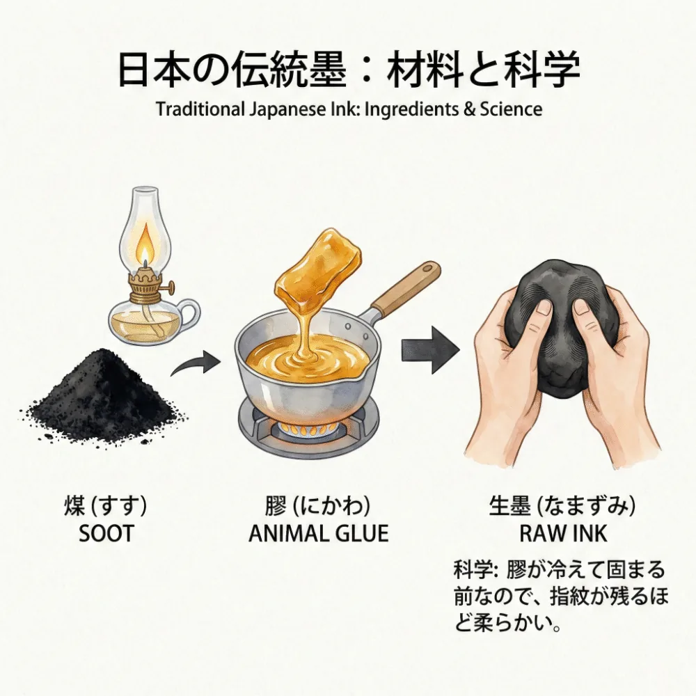 墨の材料である煤（すす）と膠（にかわ）を説明するイラスト