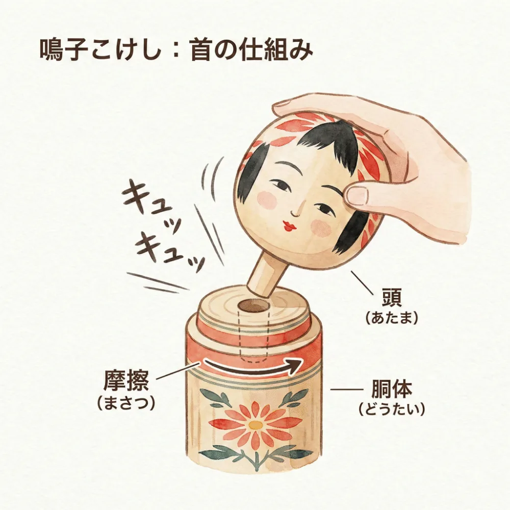 鳴子こけしの首を回すとキュッキュッと鳴る構造（はめ込み式）を説明するイラスト