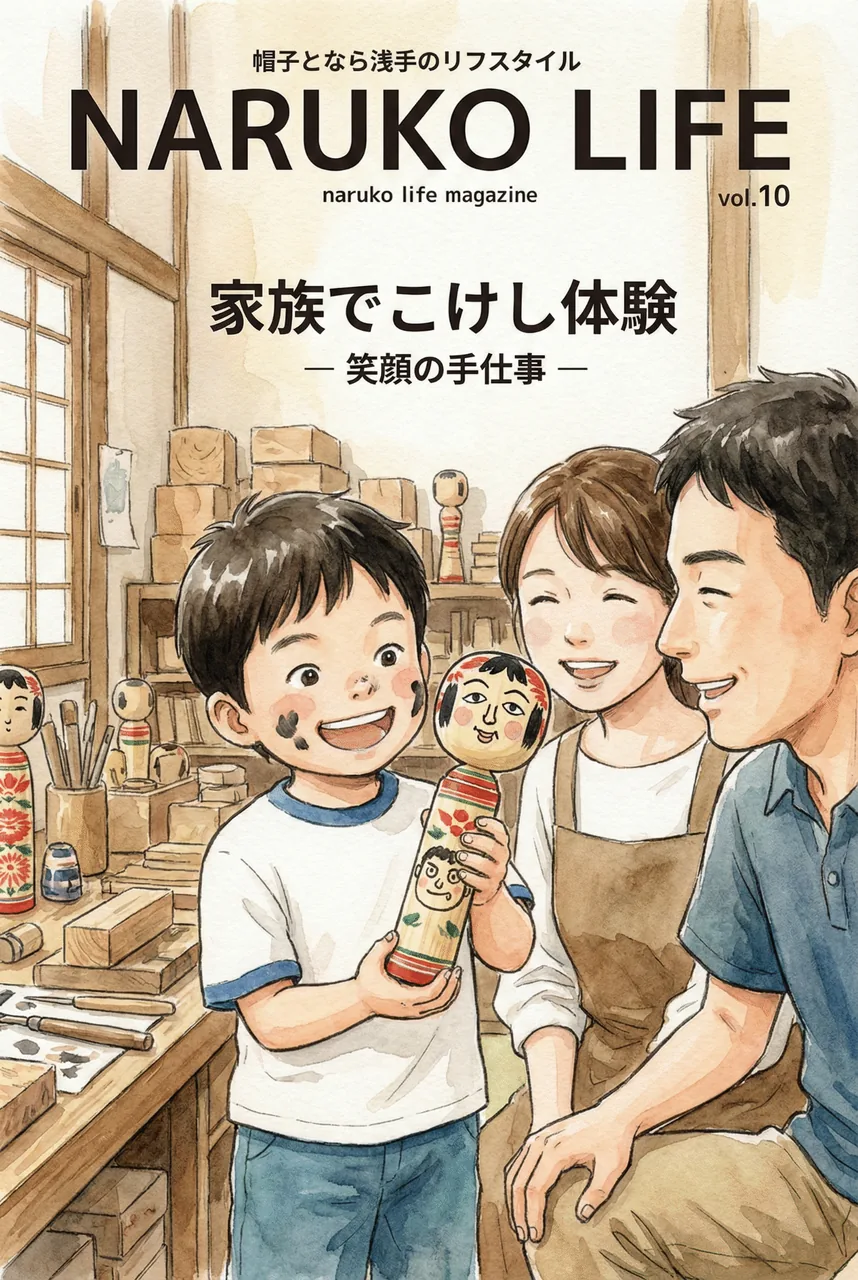 少し顔がアンバランスで可愛いこけしを自慢げに見せる子供と、笑う家族の様子