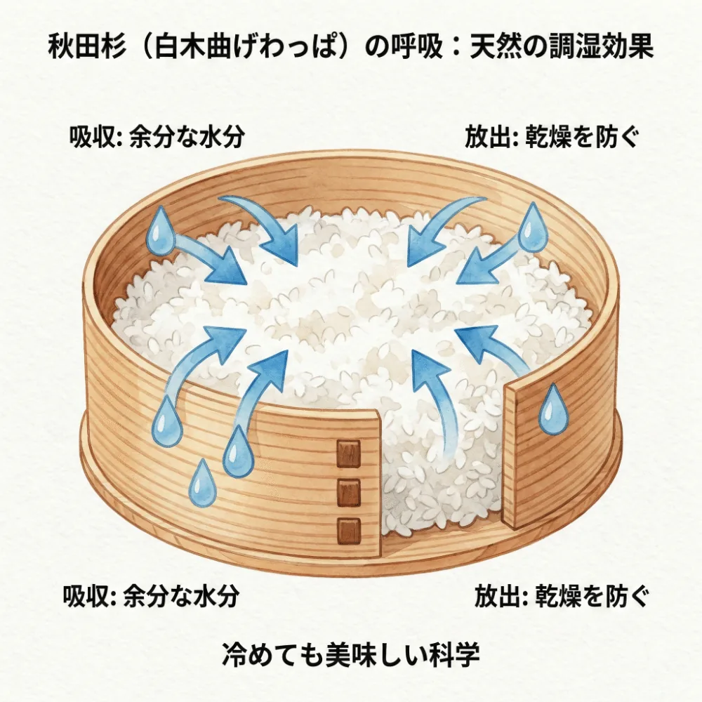 曲げわっぱの木がご飯の水分を吸収・放出する調湿作用を説明するイラスト