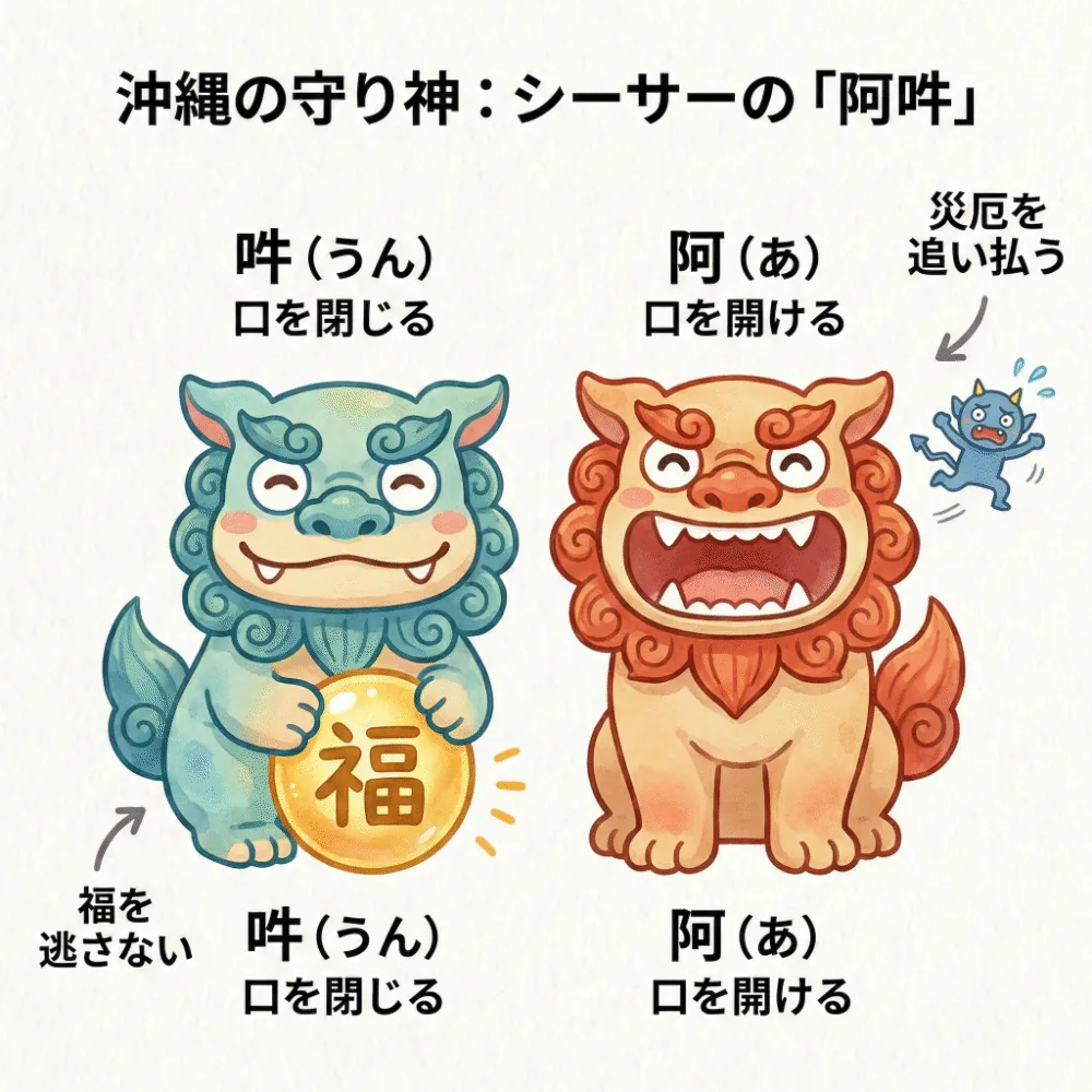 口を開けたオスのシーサーと口を閉じたメスのシーサーの「阿吽」の役割を説明するイラスト